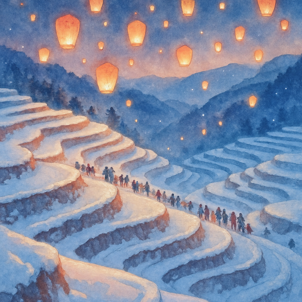 Christmas Sky Lanterns Over Frozen Rice Terraces DIY paint by numbers