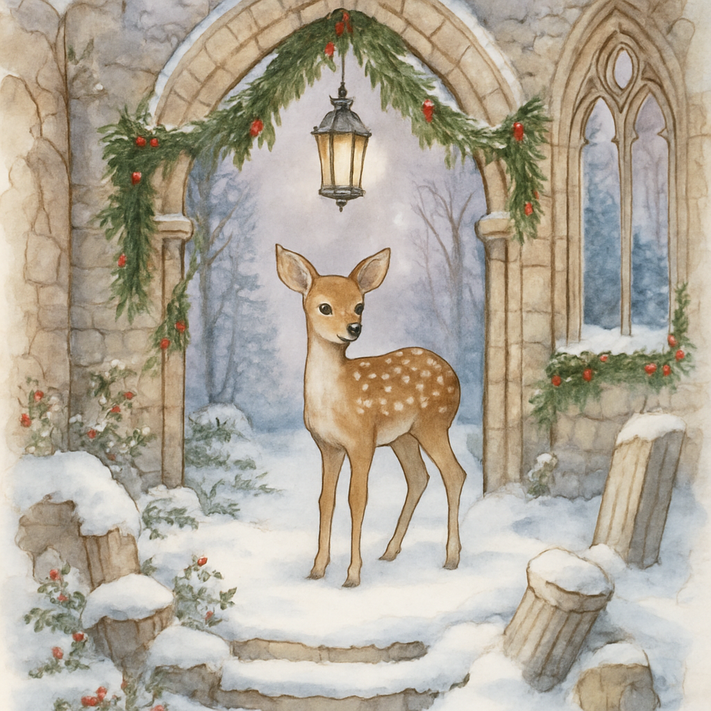 Christmas Fawn In The Snowy Chapel Ruins DIY paint by numbers