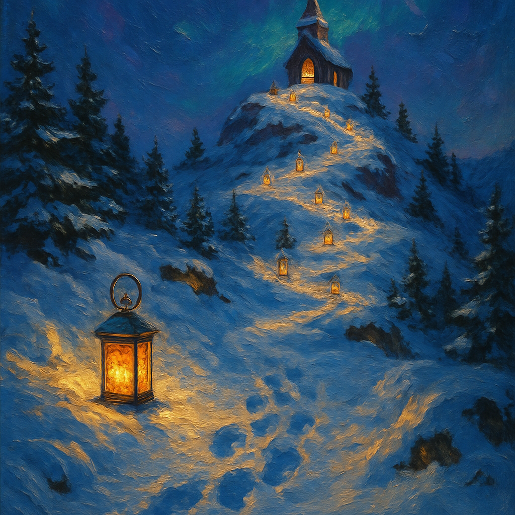 Christmas Lantern Trail To The Mountain Chapel Number painting