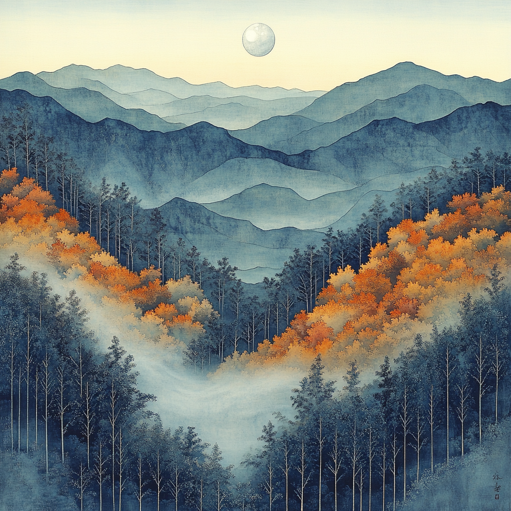 Hiroshige Inspired Moonlit Mist Over Autumn Ravine DIY paint by numbers