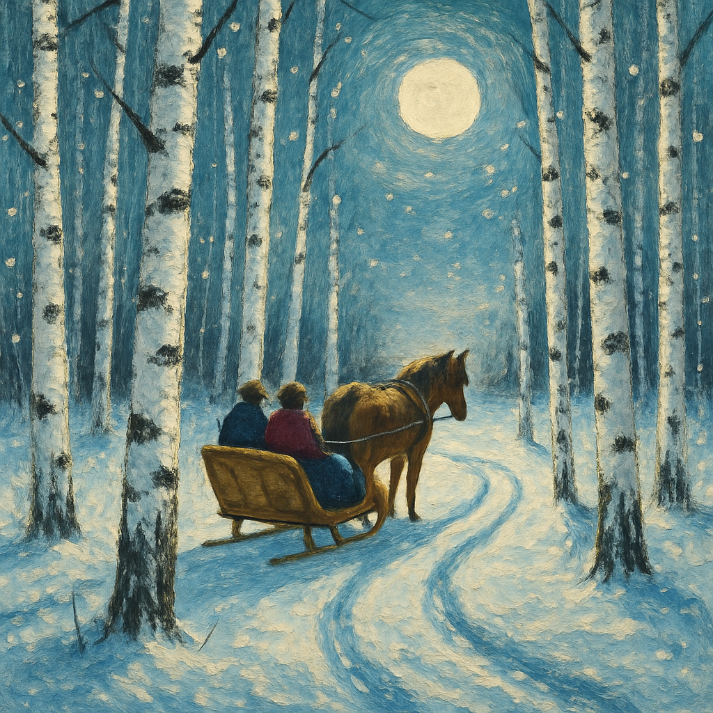 Moonlit Sleigh Through Birch Grove Numbered painting kits