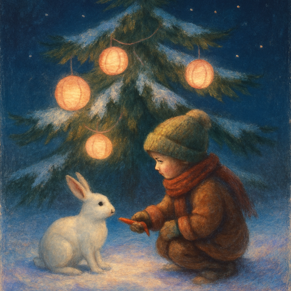 Child And Snow Hare Under Lantern Tree Paint by numbers kits