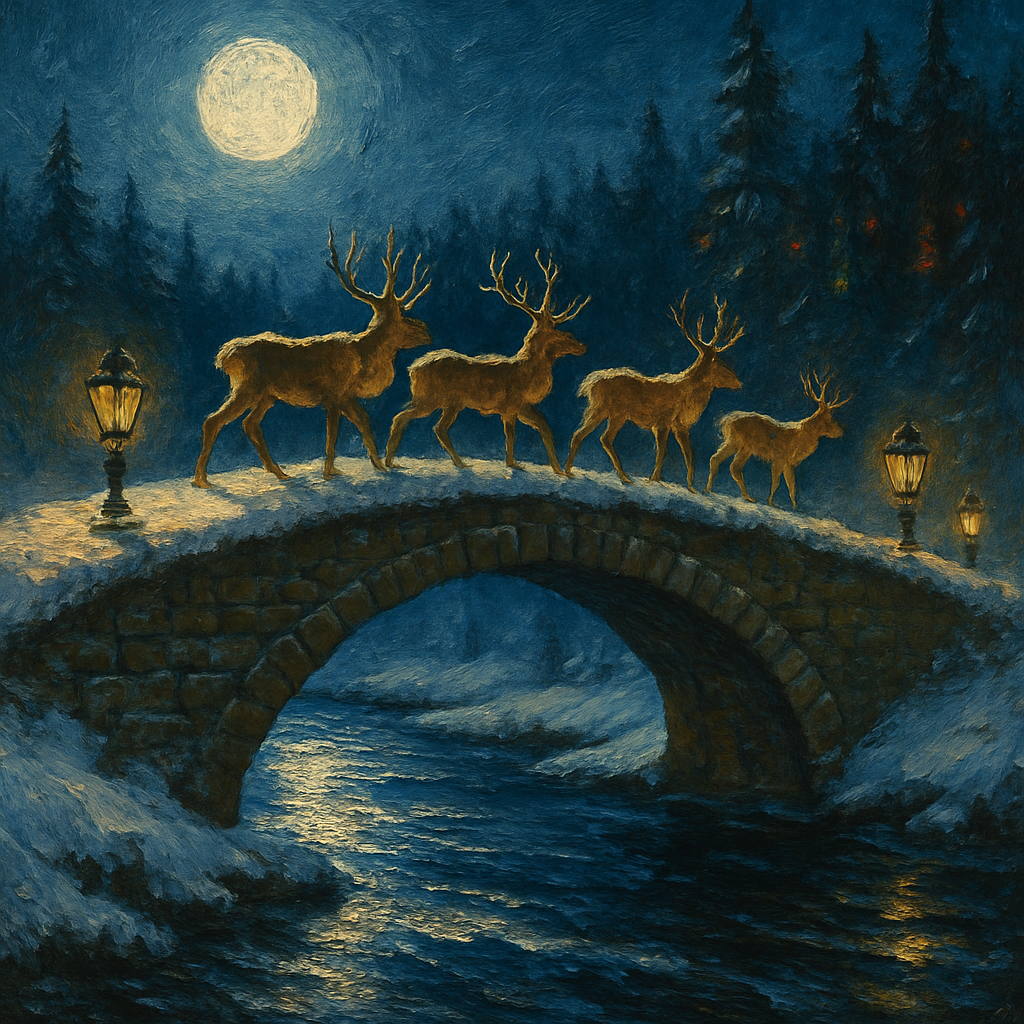 Reindeer Crossing Frozen Bridge Number painting