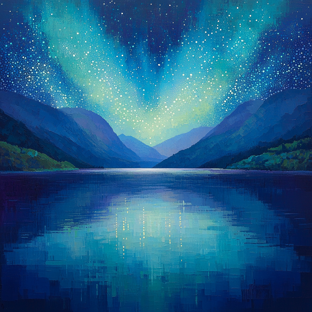 Georges Seurat Inspired Aurora Veil Over Silent Lake Paint by numbers art