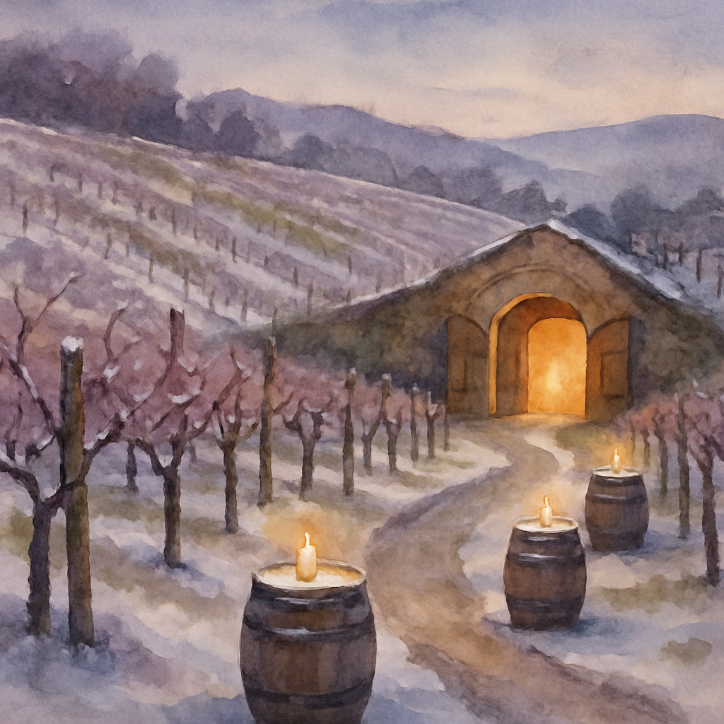 Frosty Vineyard With Candlelit Barrels Paint by numbers art