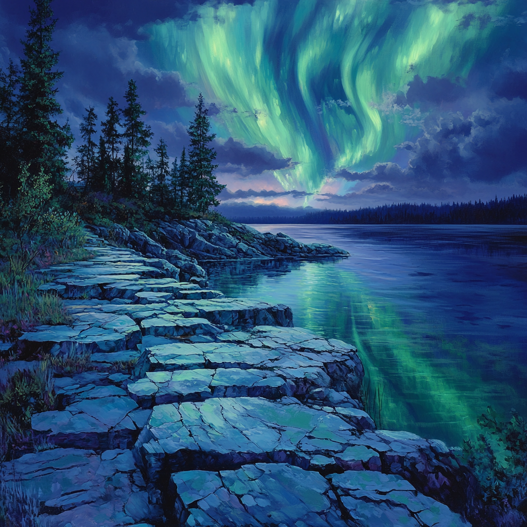 Frederick Varley Inspired Aurora Veil Over Granite Shoreline painting number kit