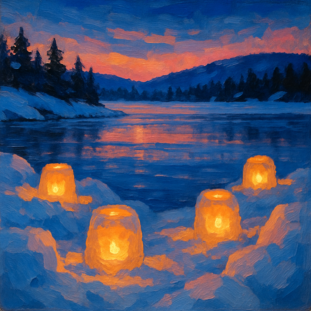 Snow Lanterns By The Frozen Lake Paint by numbers art