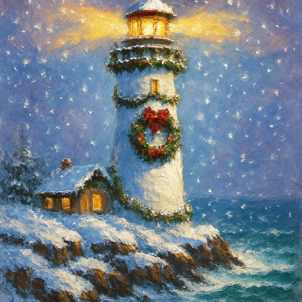 Snowy Lighthouse With Wreath Of The North Sea paint by color
