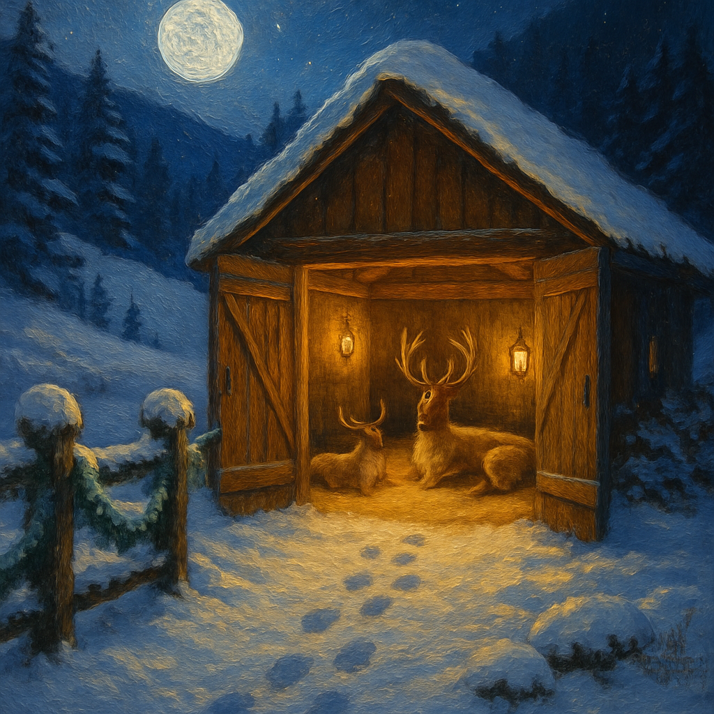 Moonlit Reindeer Stable In The Valley painting number kit