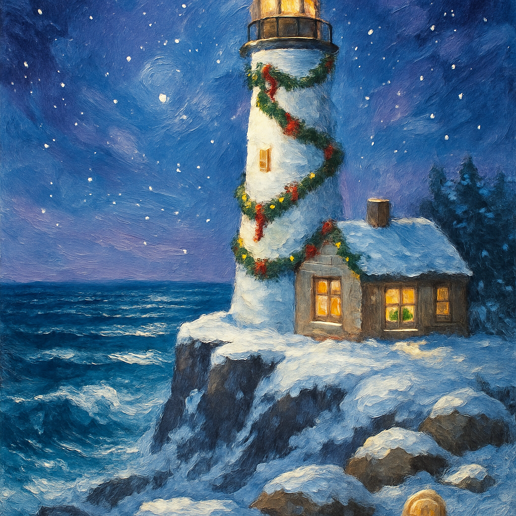 Christmas Lighthouse By The Sea Number painting