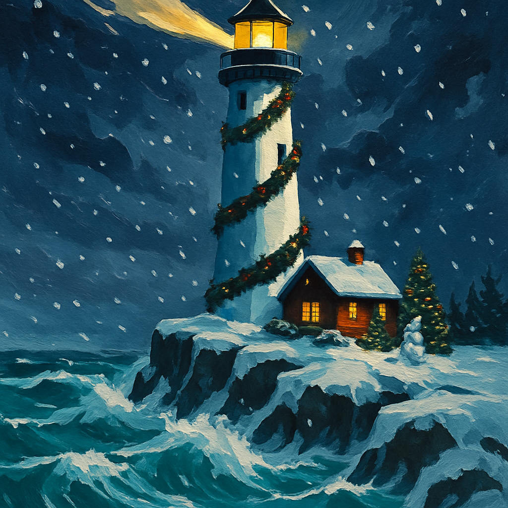 Christmas Lighthouse On Icy Cliffs paint by numbers