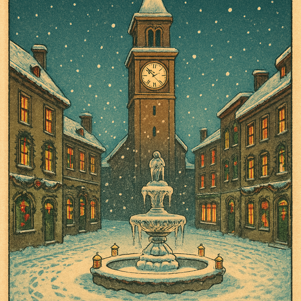 Christmas Clocktower Over Snowy Plaza paint by number