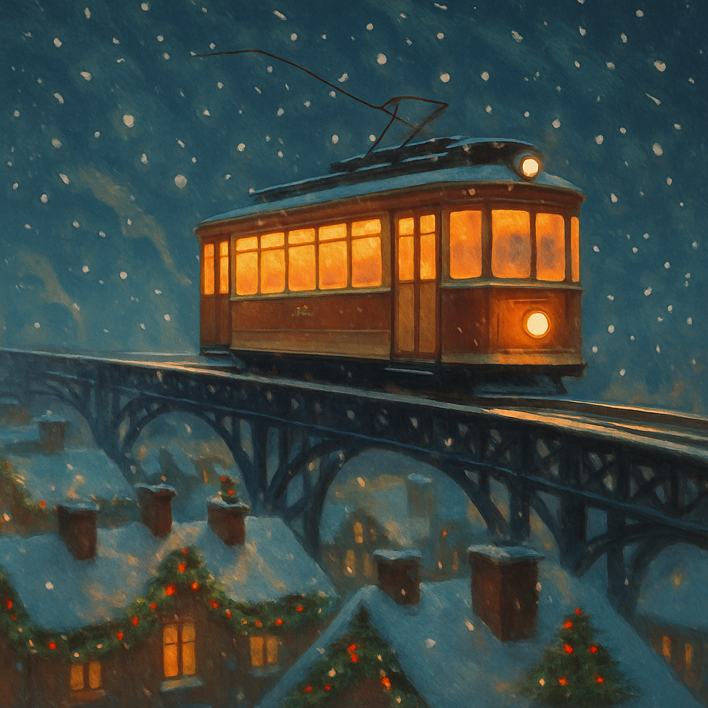 Snowbound Tram Over Rooftop Garlands Painting by numbers kit