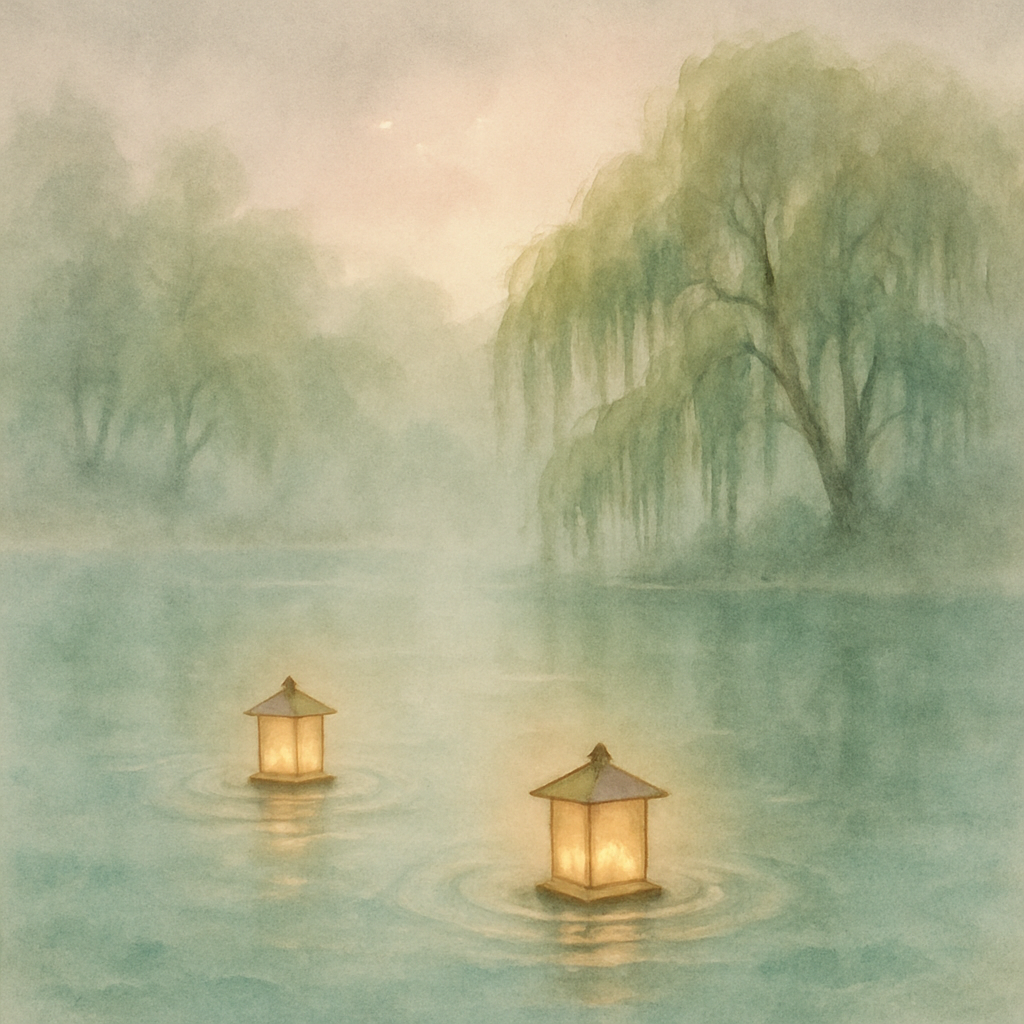Mist And Lanterns On Willow Lake painting number kit