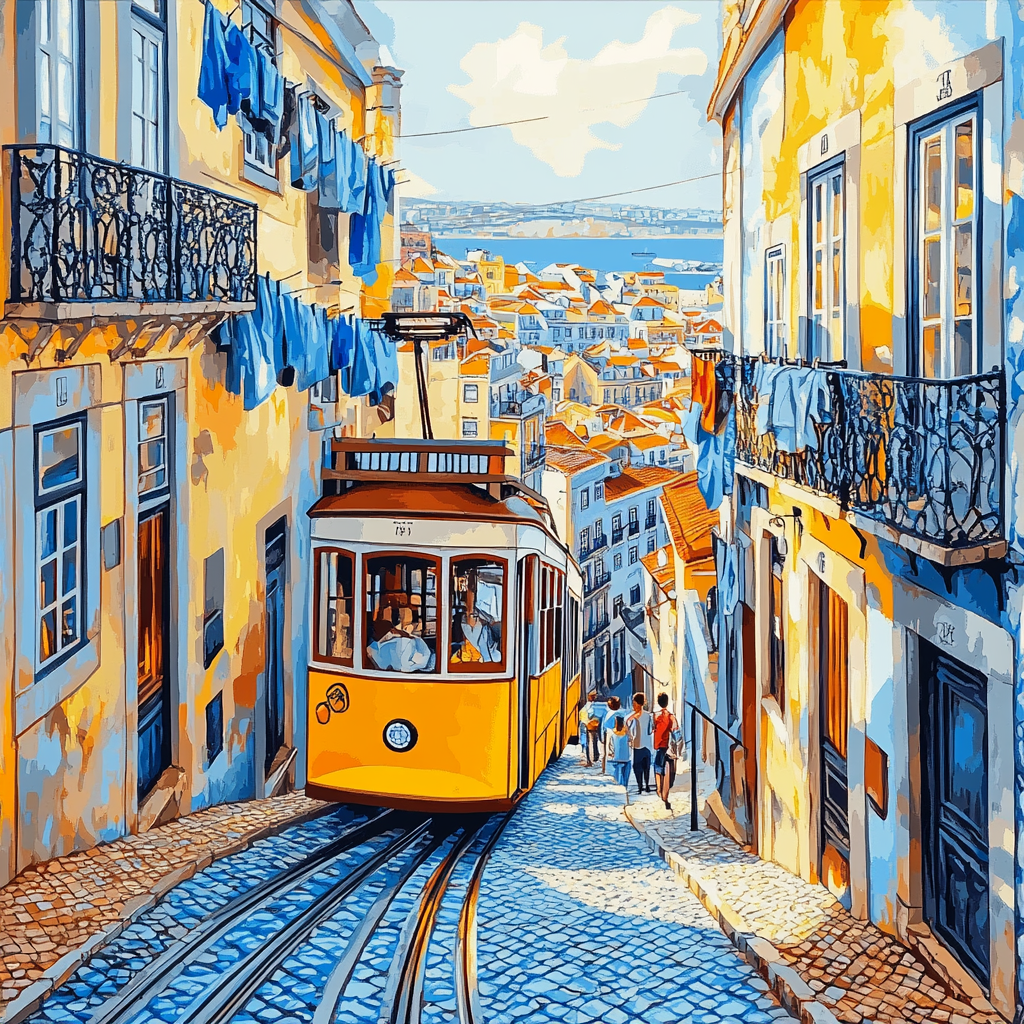 Lisbon Tram On Steep Street Lisbon Portugal Number painting