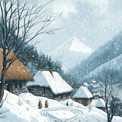 Hokusai Inspired Snowfall On Mountain Village Numbered painting kits