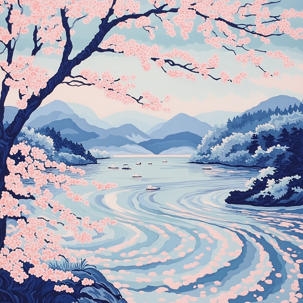 Hokusai Inspired Cherry Blossom River DIY paint by numbers