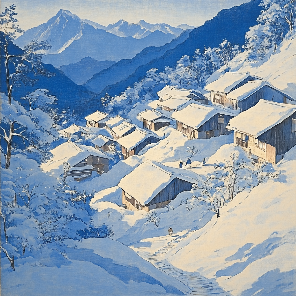 Hokusai Inspired Snowy Mountain Village Paint by numbers art
