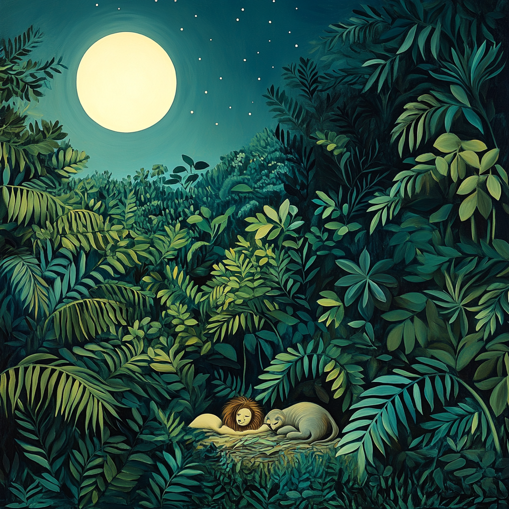 Henri Rousseau Inspired Moonlit Jungle Dream paint by color