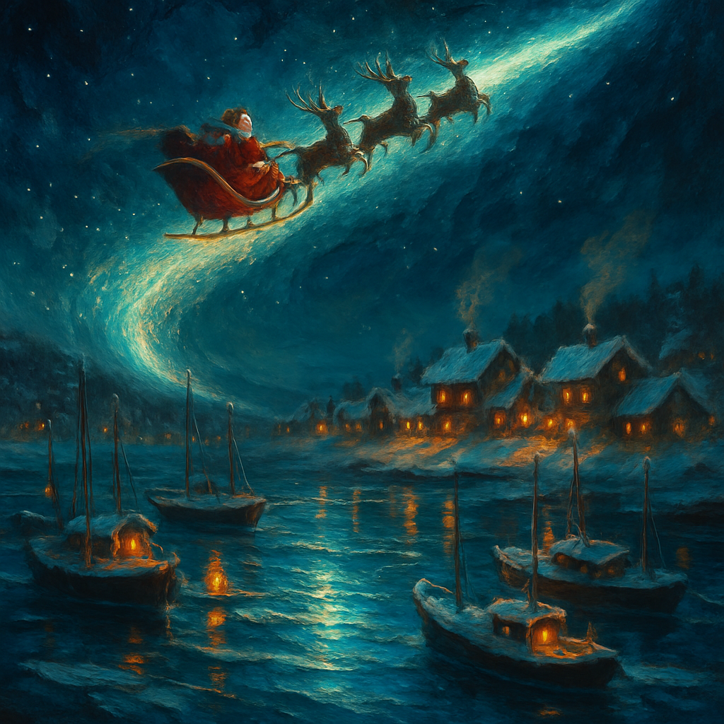 Midnight Sleigh Over Frozen Harbor paint by number