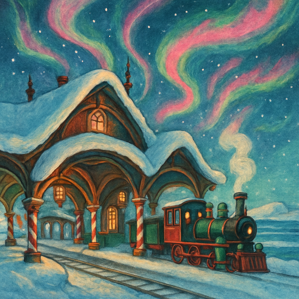 North Pole Train Depot Under Ribbon Skies Number painting