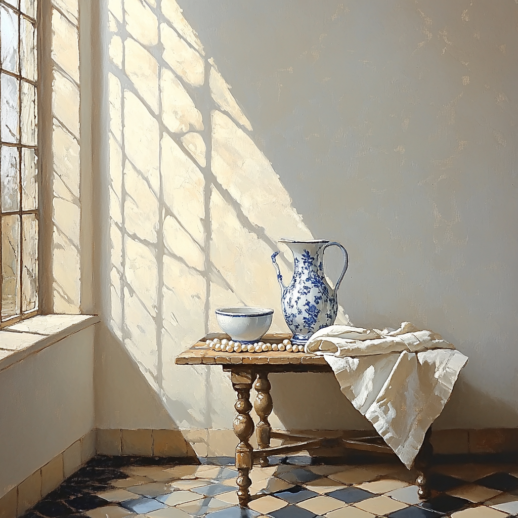 Johannes Vermeer Inspired Sunbeam Over Delft Tile And Pearls painting number kit