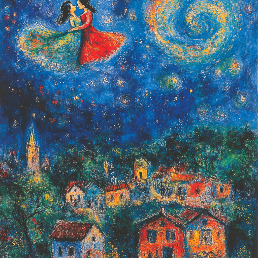 Marc Chagall Inspired Floating Lovers paint by number