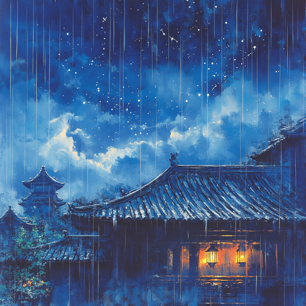 Hokusai Inspired Rain On Temple Roof paint by color