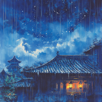 Hokusai Inspired Rain On Temple Roof paint by color