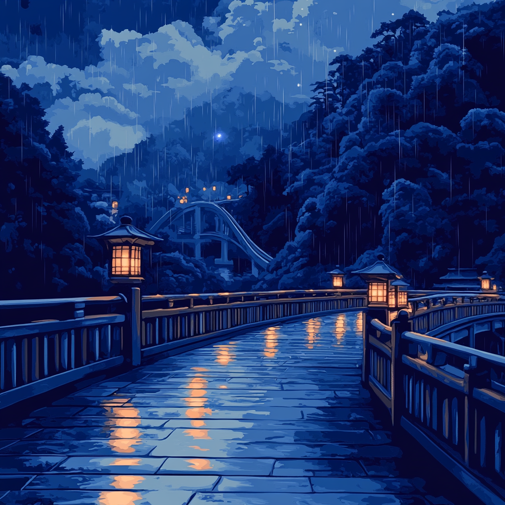 Hokusai Inspired Rain Over Bridge paint by color