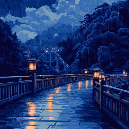 Hokusai Inspired Rain Over Bridge paint by color