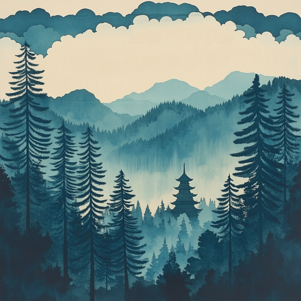 Hokusai Inspired Temple Among Pines Paint by numbers art