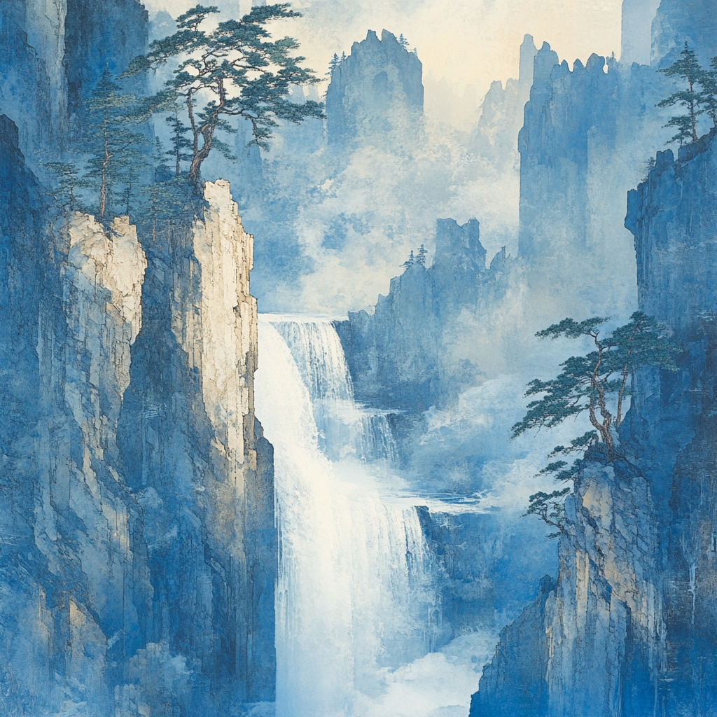 Hokusai Inspired Pine And Waterfall Mist Number painting