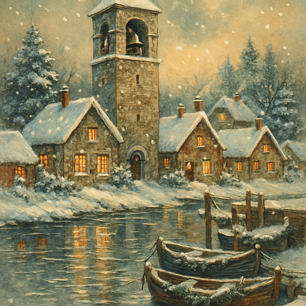 Snowy Bell Tower Over River Hamlet paint by color