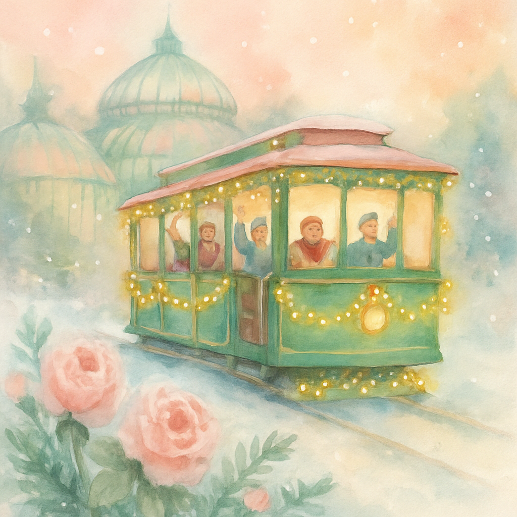 Holiday Tram Through Snowy Botanical Garden Painting by numbers kit