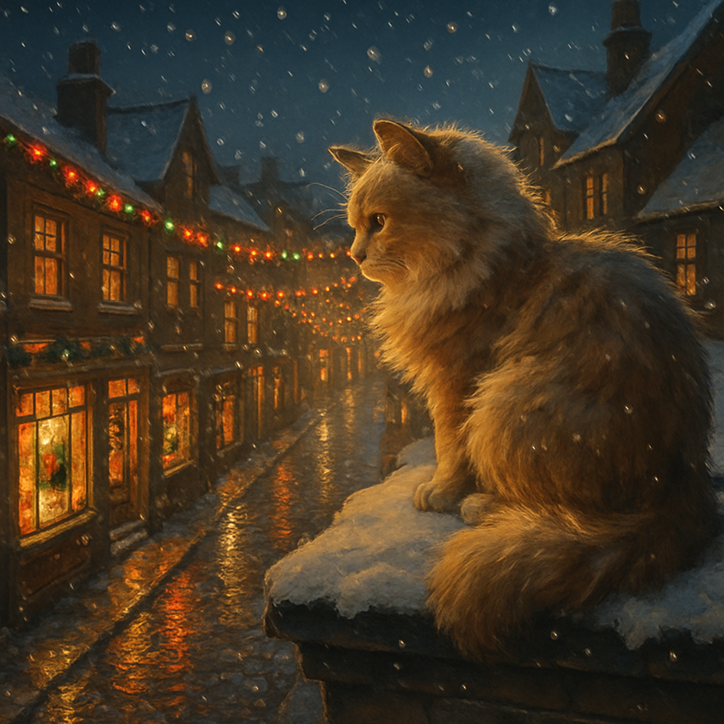Christmas Cat Above City Streets painting number kit