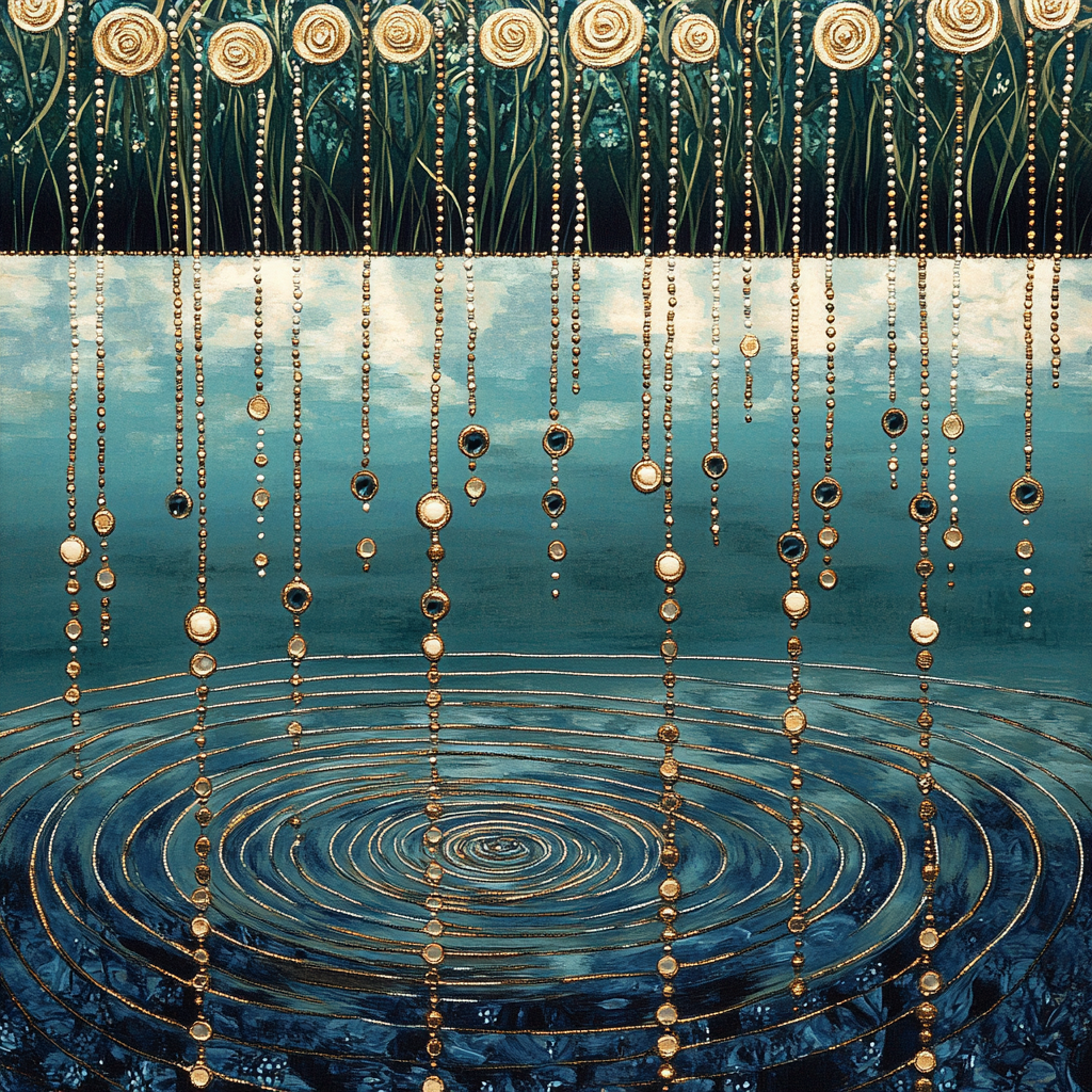 Gustav Klimt Inspired Gilded Rain Pattern Over Quiet Lake paint by color