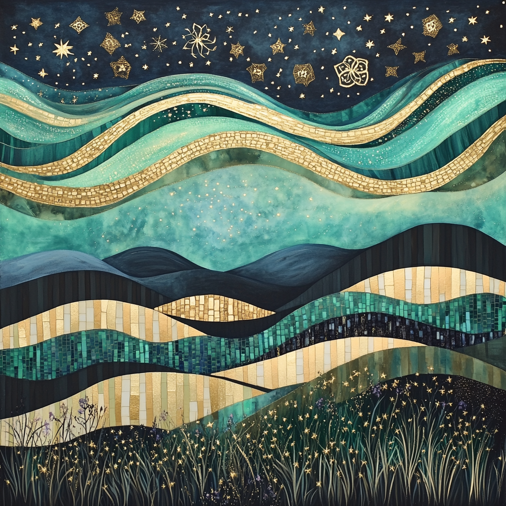 Gustav Klimt Inspired Aurora Over Geometric Hills Paint by numbers kits