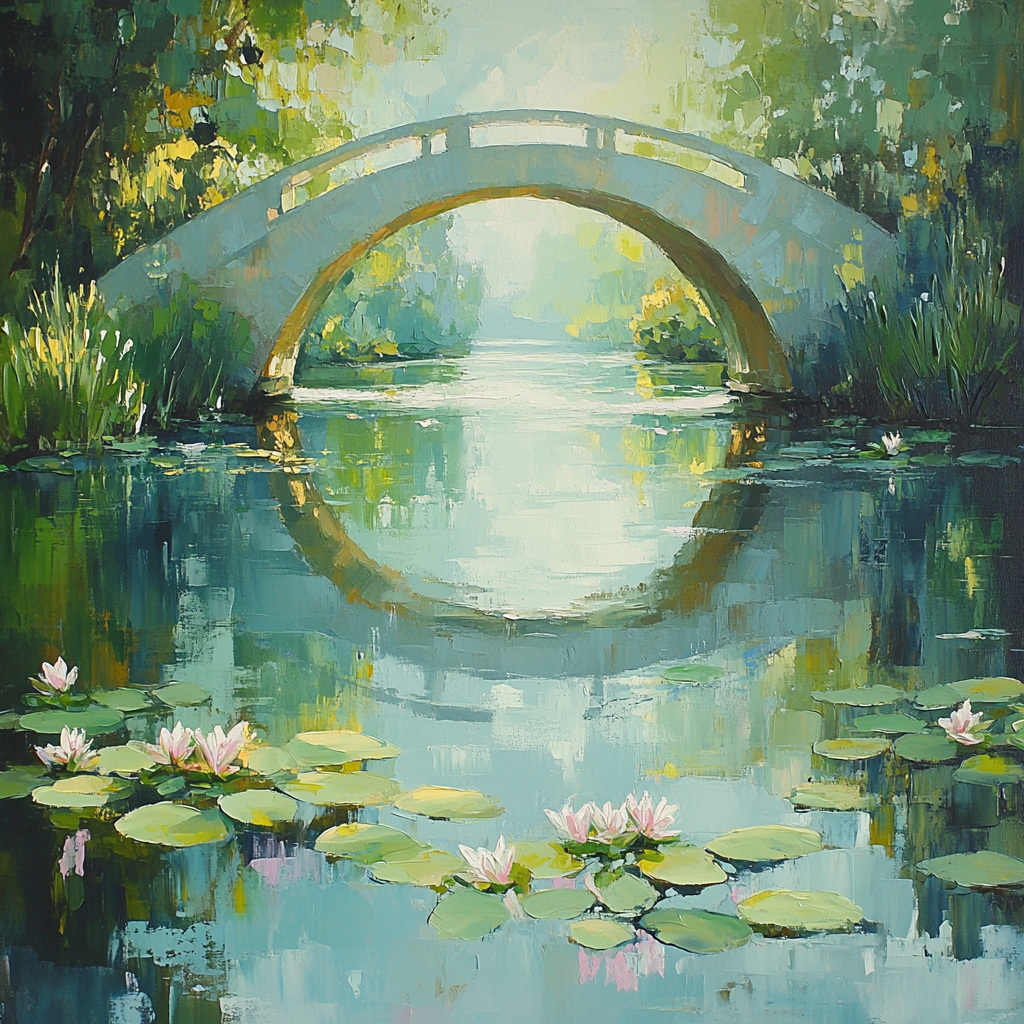 Claude Monet Inspired Japanese Bridge Reflections In Spring Green paint by number