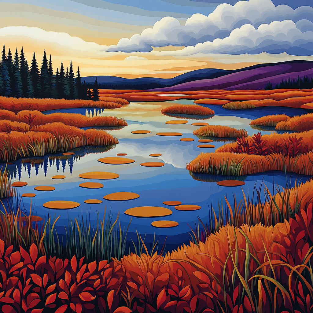 Franklin Carmichael Inspired Autumn Sky Over Copper Marsh Lakes paint by number