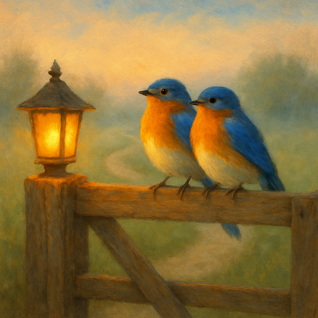 Lantern Light Bluebirds On A Country Gate Number painting