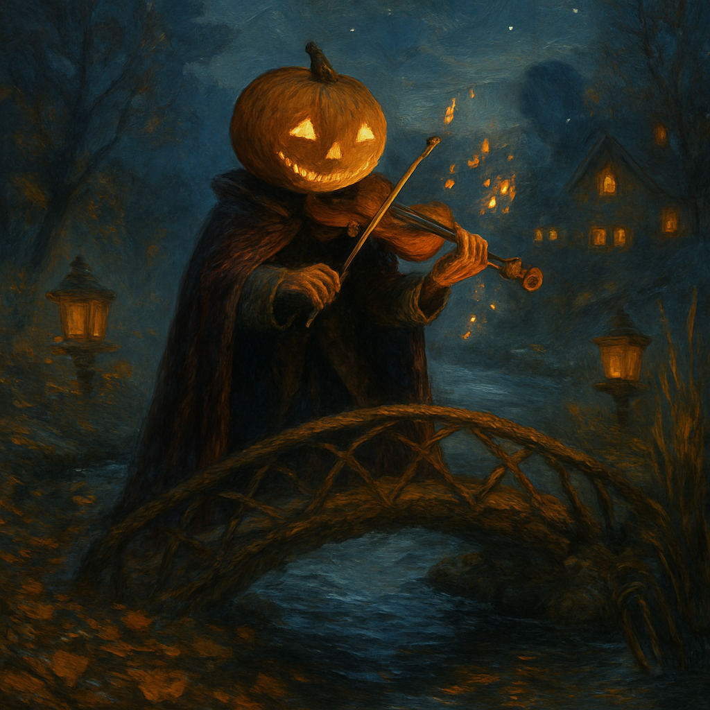 Pumpkin Headed Violinist At The Leaf Bridge paint by numberPumpkin Headed Violinist at the Leaf Bridge - DIY Painting By Numbers Kit - Image 5
