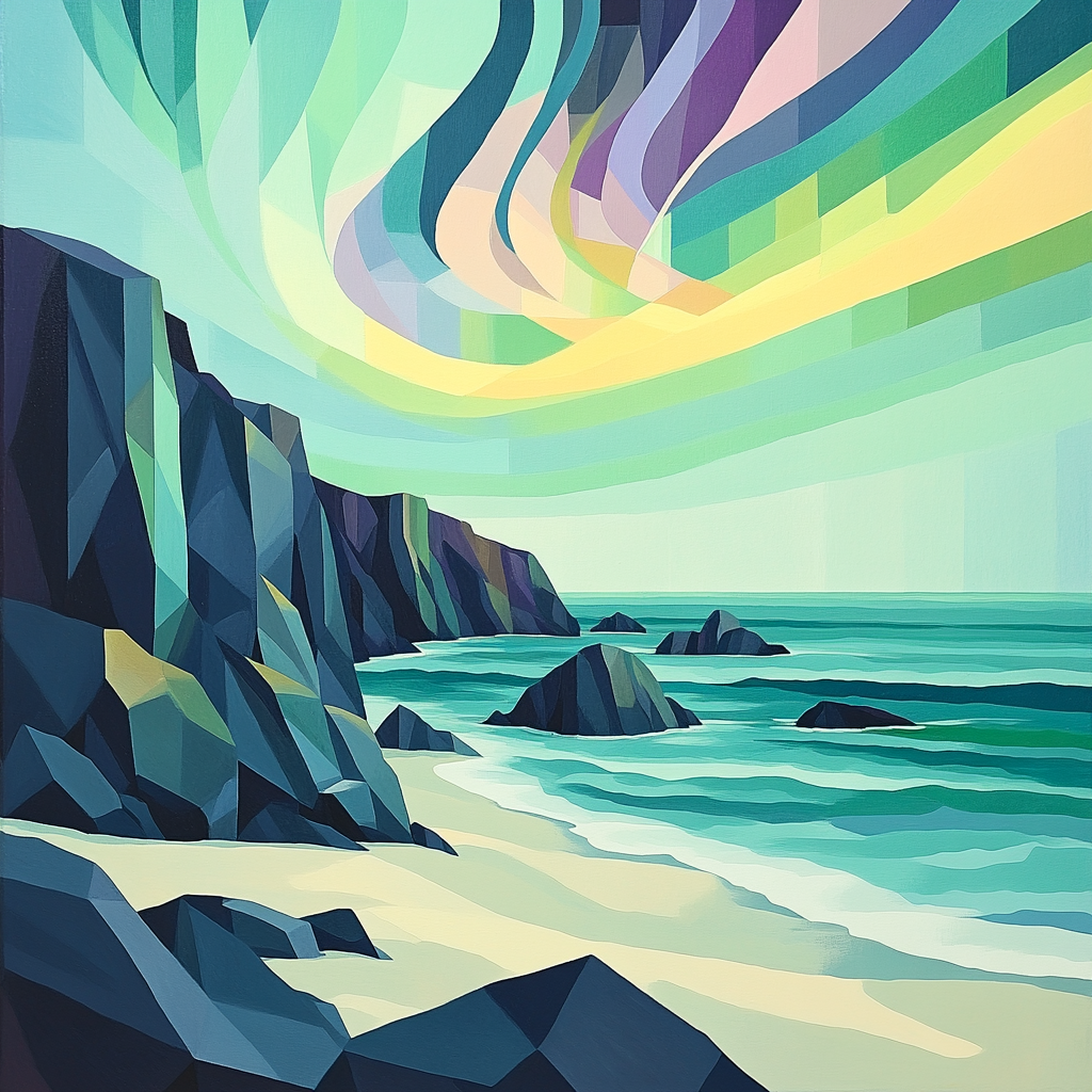 Pablo Picasso Inspired Geometric Coastline Under Prismatic Aurora Numbered painting kits
