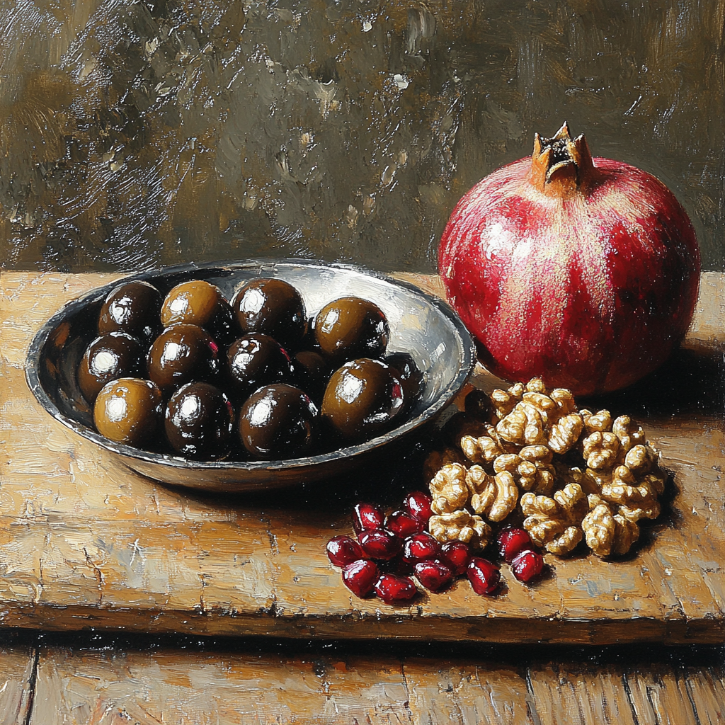 Diego Velázquez Inspired Market Still Life With Olives And Pomegranates In Misty Light paint by color