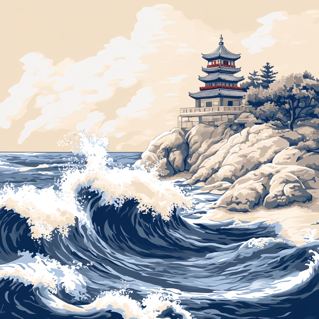 Katsushika Hokusai Inspired Storm Waves And Coastal Temple paint by numbers