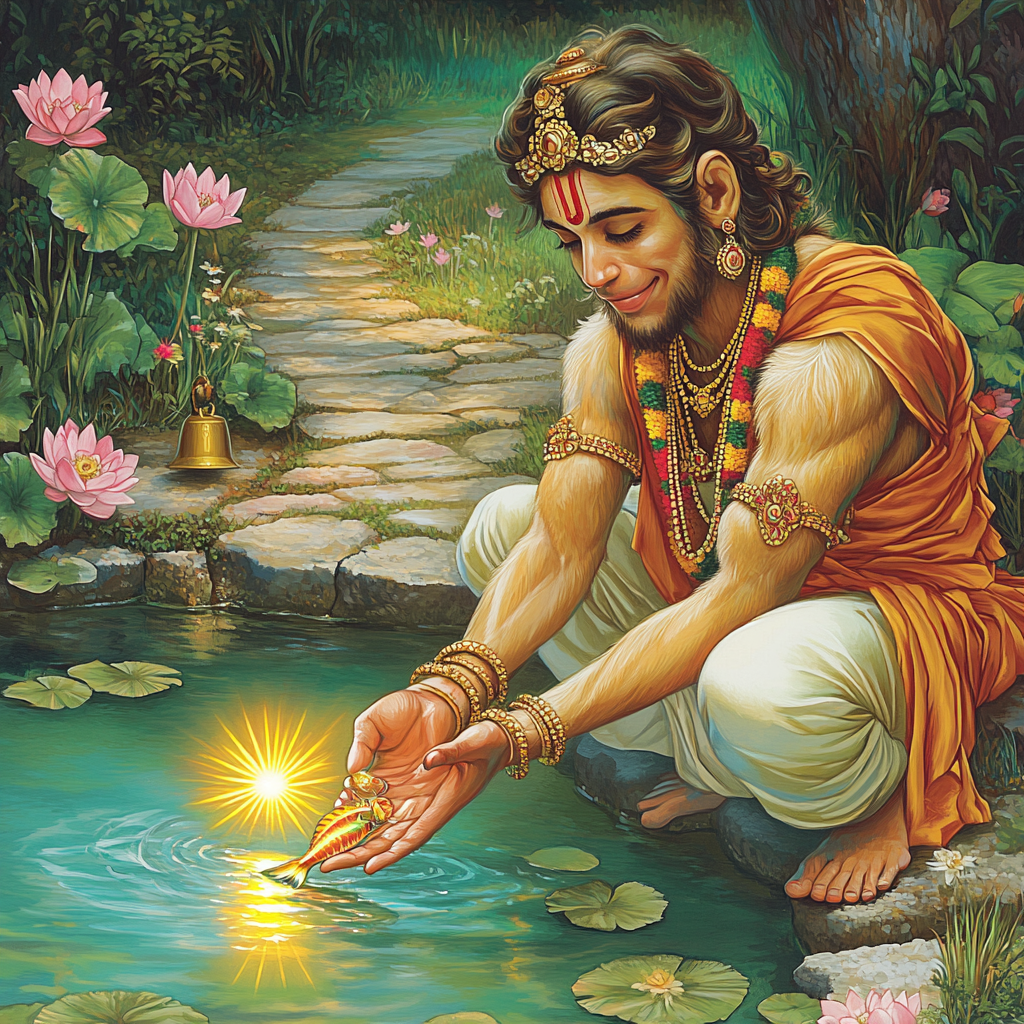 Garden Pond With Hanuman And The Solar Fish paint by numbers