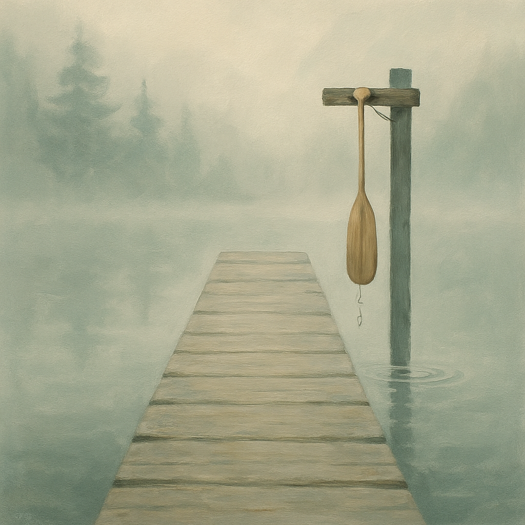 Misty Morning Dock With Hanging Canoe Paddle paint by numbers