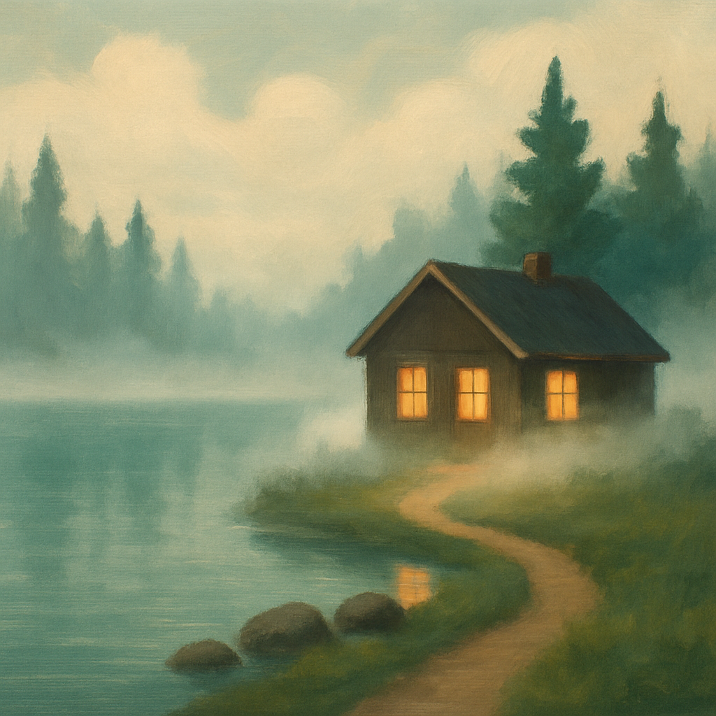 Misty Dawn Cabin With Glowing Windows paint by number