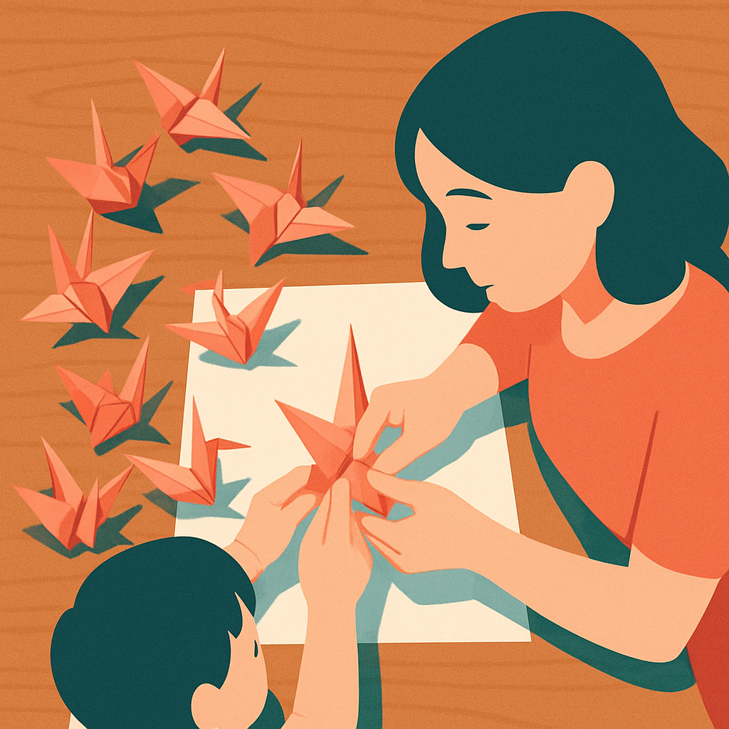 Mother And Child Folding Paper Cranes Together Number painting