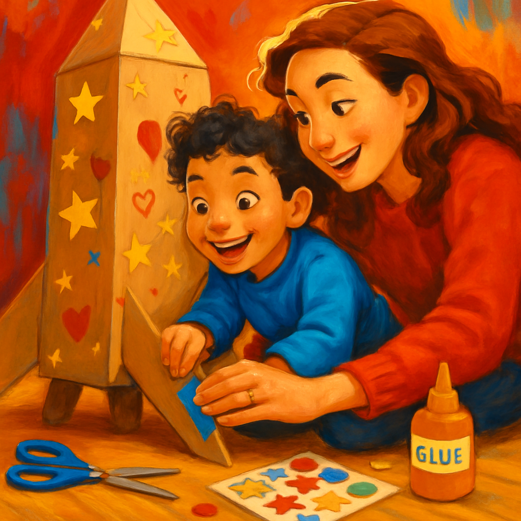 Mom And Child Building A Cardboard Rocket paint by color